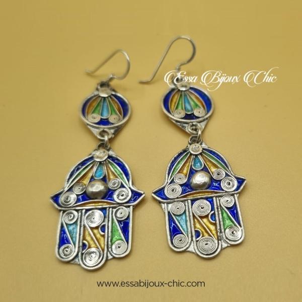 Boucles d’oreille en argent, « Main Fatma » avec émail coloré